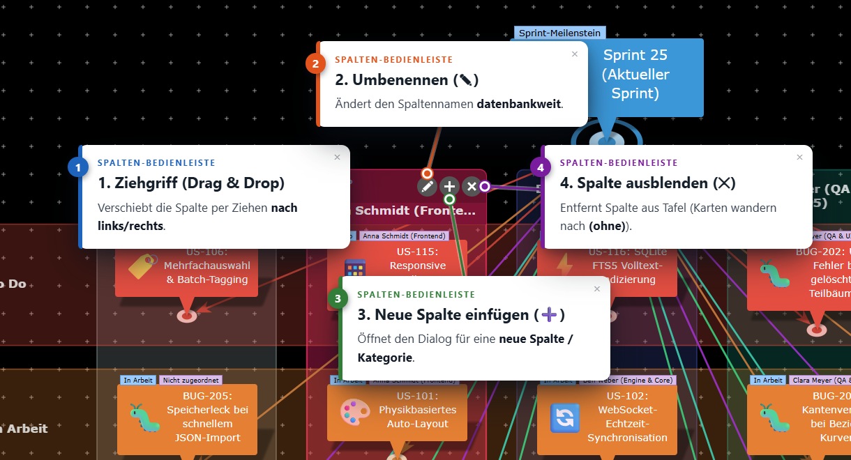 Bedienleiste einer ausgewählten Spalte mit Griff, Umbenennen, Hinzufügen und Entfernen