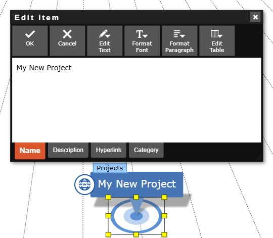 Item properties dialog in the 'Name' tab directly above the created node