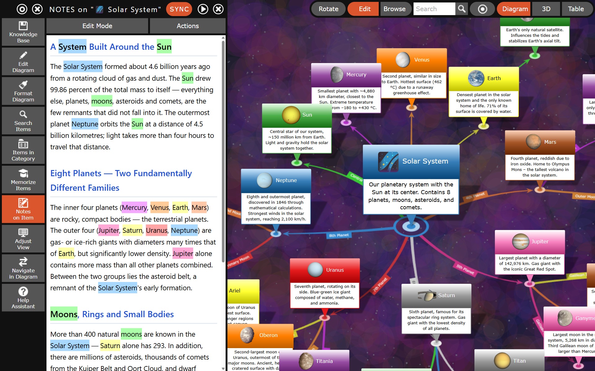 Screenshot of KnowledgeBase Builder with open notes panel and solar system mind map