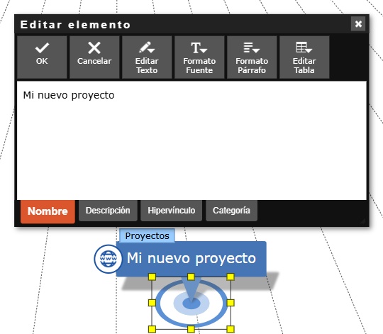 Cuadro de diálogo de propiedades en la pestaña 'Nombre' directamente sobre el nodo creado